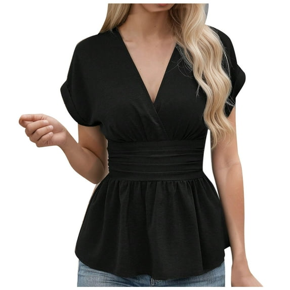 Turilly Slim Shirts for Women Fashion Summer Women's Solid Color V-Neck Short Sleeve Shirts Top