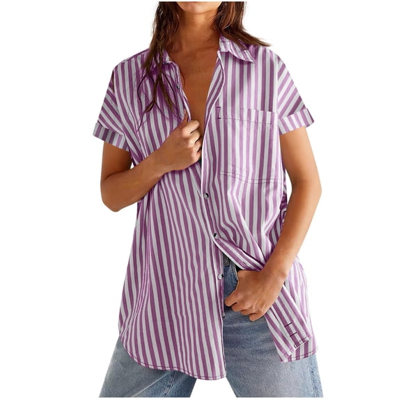 Turilly Striped Button Down Shirts for Women Short Sleeve Casual Loose Fit Collared Office Work Shirt with Pocket