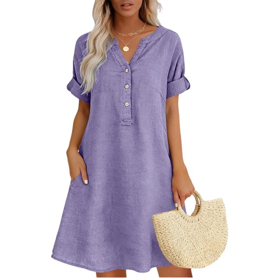 Turilly Summer Dresses for Women 2026 Comfy Cotton and Linen Short Sleeve Dress Loose Fit Midi Dress with Pockets