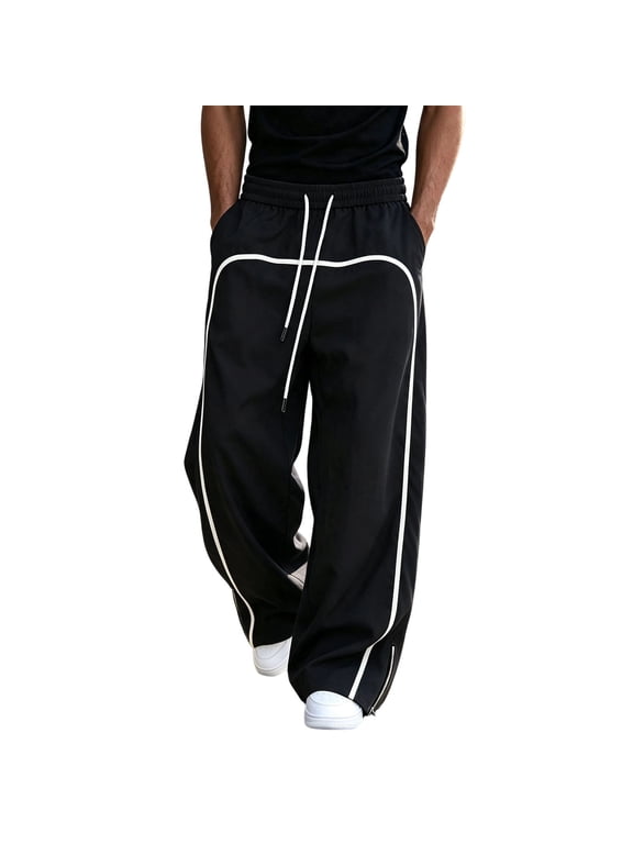 Sweatpants Men's Baggy Track Pants with White Piping Detail Drawstring Waist Zipper Cuffs Loose Fit