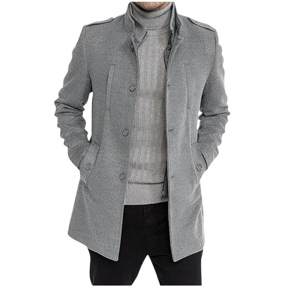 Turilly Trench Coat Men Men Casual Button Solid Long Sleeve Pockets Stand Collar Outwear Coat