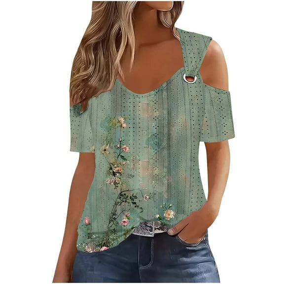 Turilly Turilly Women's Off-The-Shoulder Tops Short Sleeved Cutout Casual Printed Top