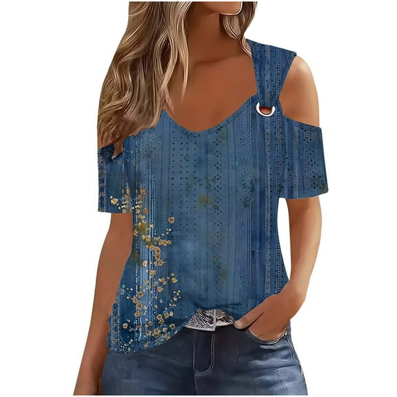 Turilly Turilly Women's Off-The-Shoulder Tops Short Sleeved Cutout Casual Printed Top