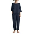 thumbnail image 1 of Turilly Two Piece Outfits for Women Fashion Round Neck Solid Long Sleeve Blouse +Loose Cotton Linen Pockets Pants Sets Womens Fall Winter Suit, 1 of 6