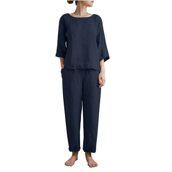 Turilly Two Piece Outfits for Women Fashion Round Neck Solid Long Sleeve Blouse  Loose Cotton Linen Pockets Pants Sets Womens Fall Winter Suit