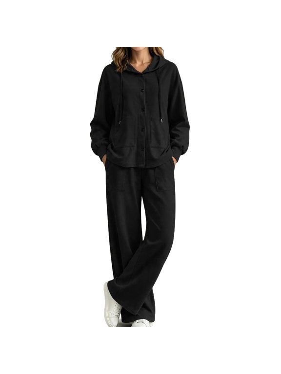 Two Piece Set for Women Knit Cardigan and Wide Leg Pants with Pockets for Airport Travel