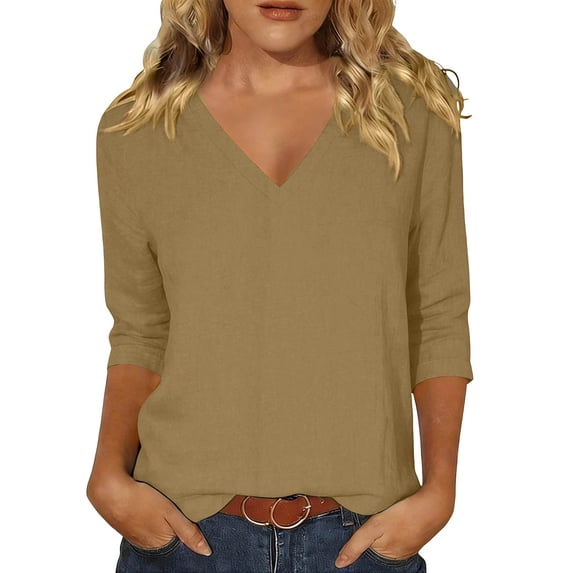 Turilly V-Neck Relaxed Fit T-Shirts Top for Women Fashion Ladies Solid Color 3/4 Sleeve Big & Tall Tops