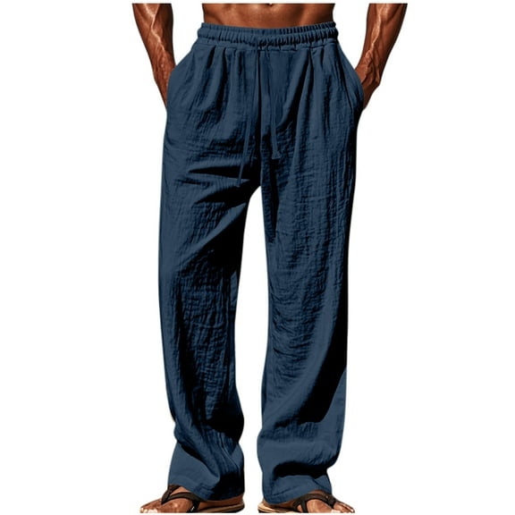Turilly Wide Leg Pants for Men Linen Elastic Waist Blended Breathable Comfortable Soft Beach Casual Trousers Men's Full Length Pants