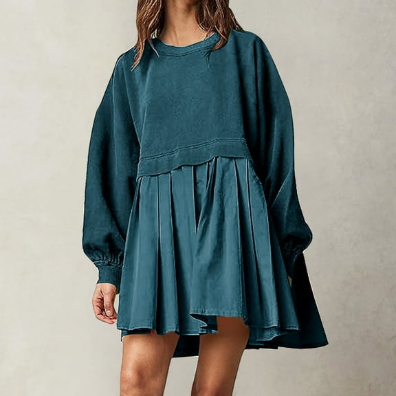 Turilly Winter Dresses for Women Fashion Women's Casual Over Sized Sweatshirt Long Sleeve Dress Round-Neck Ladies Patchwork Mini Dresses