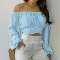 thumbnail image 1 of Turilly Woman's Strapless Long SleeveSolid Color Off Shoulder Ruched Lantern Sleeve Crop Tops, 1 of 9