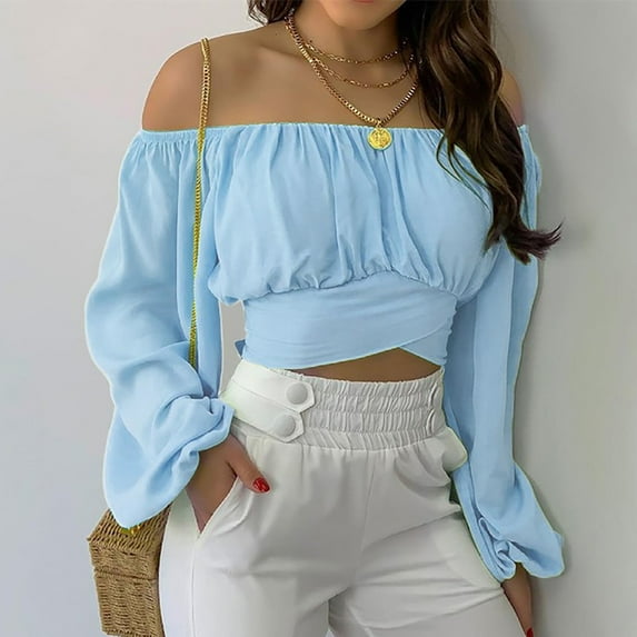 Turilly Woman's Strapless Long SleeveSolid Color Off Shoulder Ruched Lantern Sleeve Crop Tops
