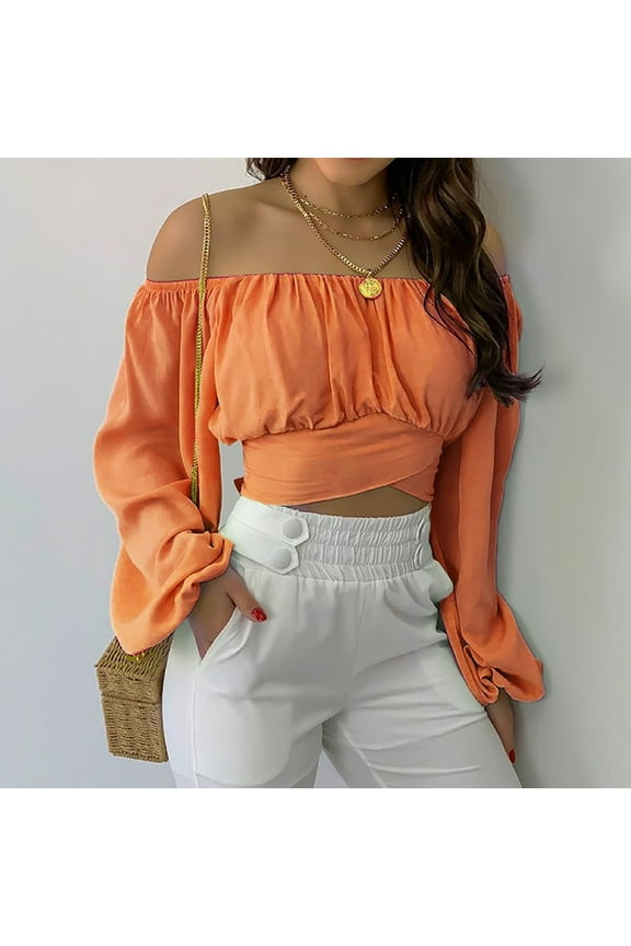 Woman's Strapless Long SleeveSolid Color Off Shoulder Ruched Lantern Sleeve Crop Tops