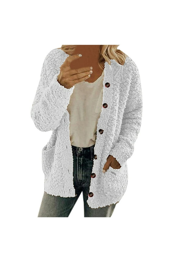 Women Casual Plus Size Plush Sweater Pockets Outerwear Buttons Cardigan Coat