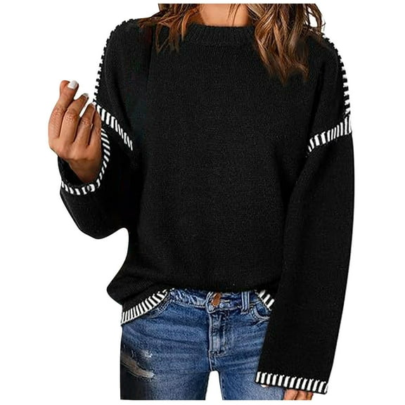 Turilly Women Casual Solid Knitting Tops Loosing Long Sleeve Round Neck Sweaters Blouse