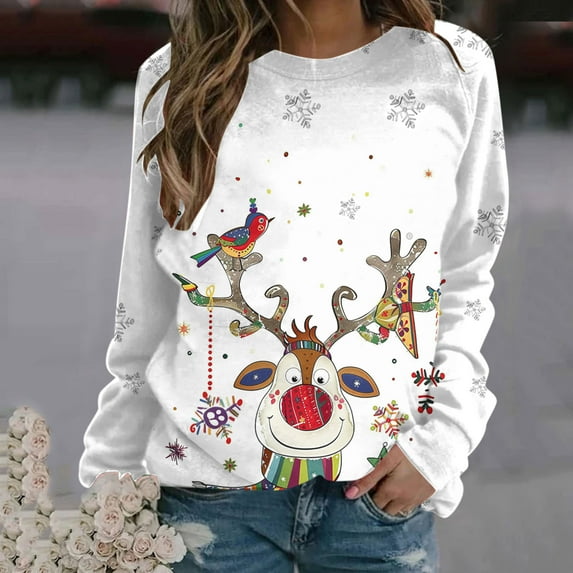 Turilly Women Christmas Fashion Casual Print Round Neck Loose Long Capless Sweatshirt Sleeve