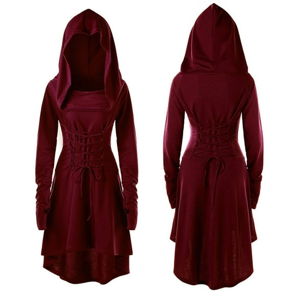 Turilly Women Costumes Lace Up Hooded Vintage Pullover High Low Bandage Long Dress Cloak