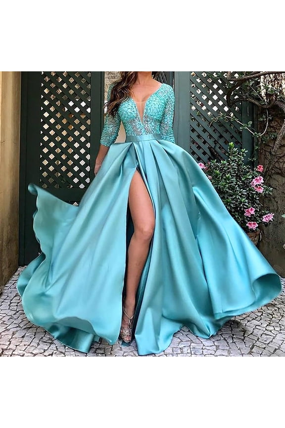 Women Fashion Summer Hemline Satin Finish V-Neck Long Sleeved Sequin Dress