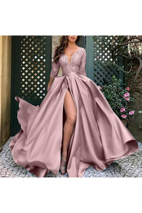 Women Fashion Summer Hemline Satin Finish V-Neck Long Sleeved Sequin Dress