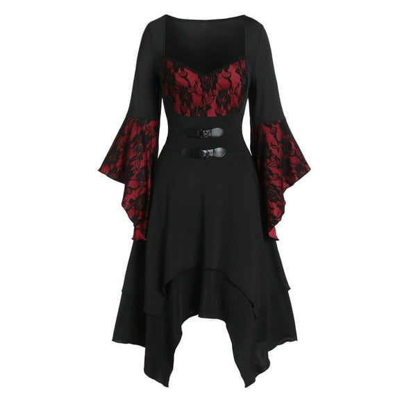 Turilly Women Halloween Skull Long Sleeve Square Collar Mesh Splicing Irregular Party Dresses