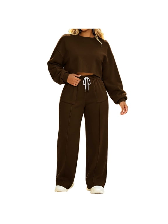 Women Ladies Clothes Set of 2 Women's 2 Piece Sweater Outfits Set Oversized Pullover Hoodie Wide Leg Pants Loose Knitted Sweatsuit