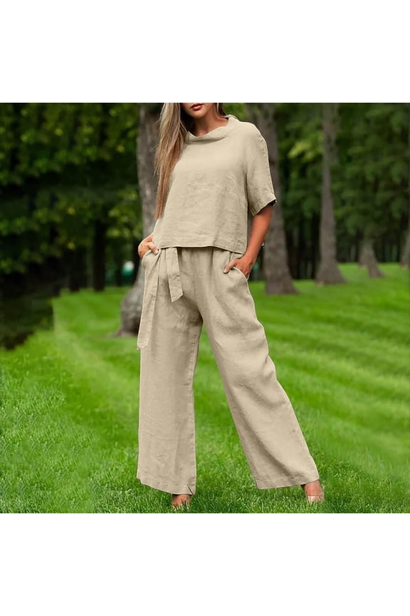 Women Ladies Clothes Set of 2 Women's Spring and Half Sleeve Round Neck Cotton and Large Size Women's Casual Two Piece Set