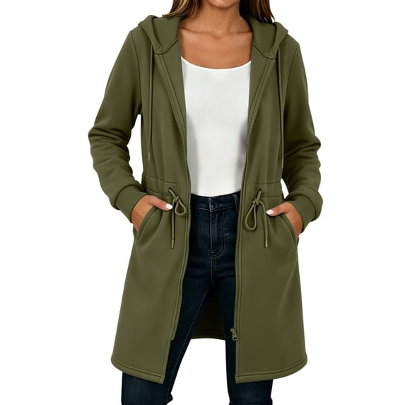 Turilly Women Long Zip Up Hooded Sweatshirt, Soft Fleece Cinch Waist Oversized Hoodie Coat Long Sleeve With Pockets Casual Loungewear