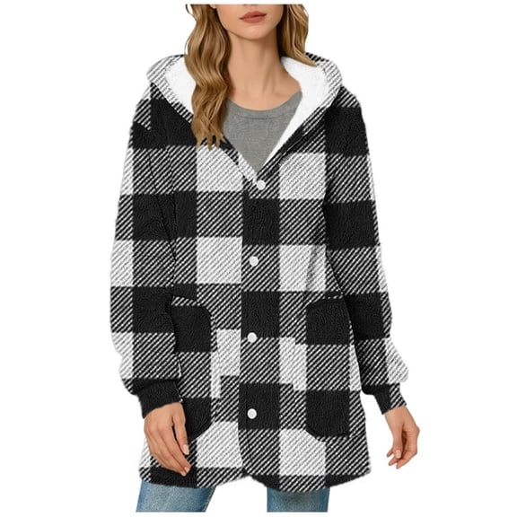 Turilly Women Plaid Printing Long Sleeve Hooded Coats Winter Loose Warm Pocket Blouse Coat