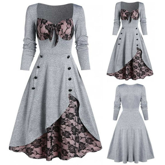 Turilly Women Plus Size Party Dress Flower Lace Insert Mock Button Bowknot Vintage Dress