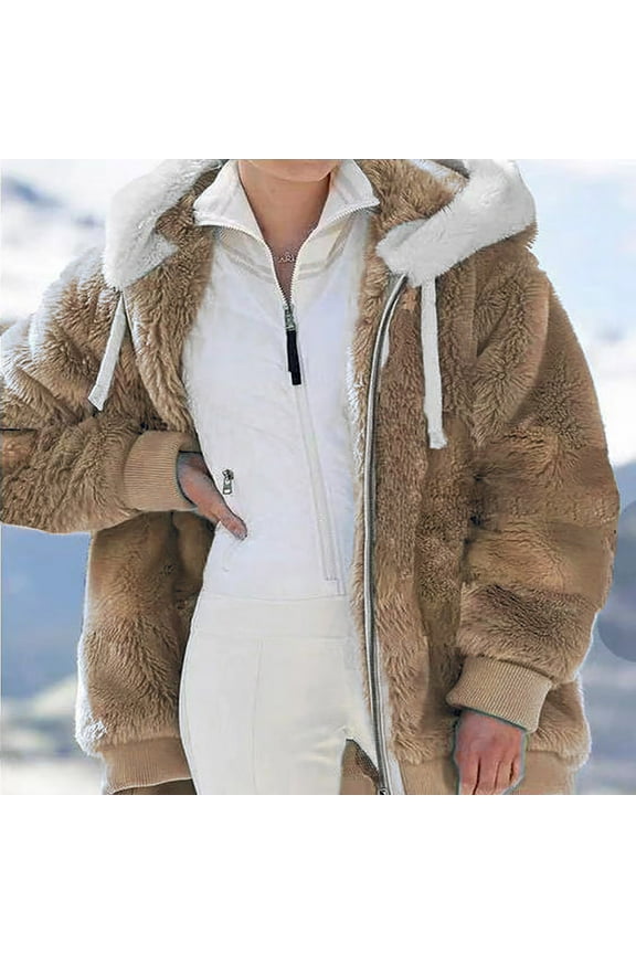 Women Plus Size Winter Warm Loose Plush Zip Hooded Jacket Coat
