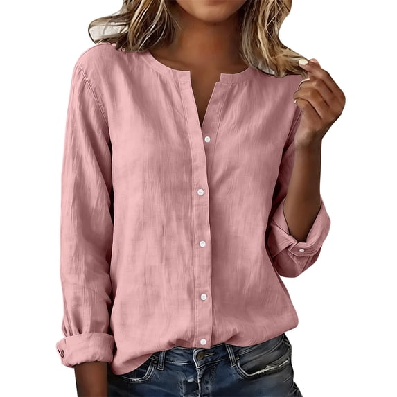 Turilly Women'S Linen Spring/Summer Tops V-Neck Button Shirts Long-Sleeved Top