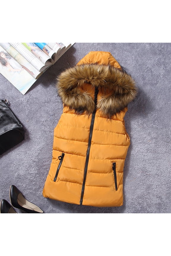 Women Short Outerwear Cotton-padded Jackets Pocket Faux Hooded Vest Coats
