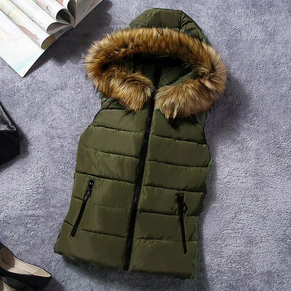 Turilly Women Short Outerwear Cotton-padded Jackets Pocket Faux Hooded Vest Coats