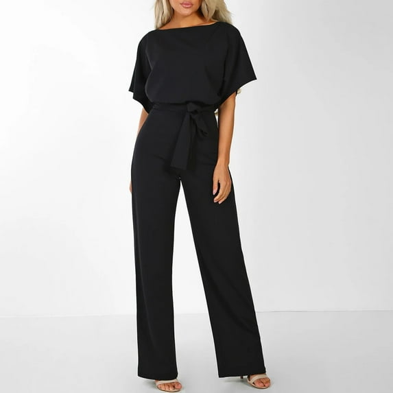 Turilly Women Short Sleeve Playsuit Clubwear Straight Leg Jumpsuit with Belt