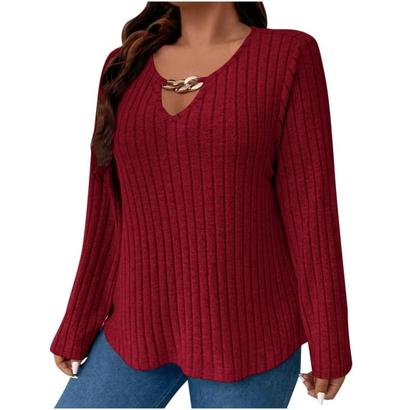 Turilly Women Solid Color Plus Size Fall And Winter Long Sleeve V-Neck Metal Buckle Sweater Loose Sweater Tops