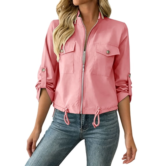 Turilly Women Solid Color Stand Collar Long Sleeve Zip Up Jacket, Casual Outdoor Utility Cropped Coat With Chest Pockets For Ladies Daily Sports Wear