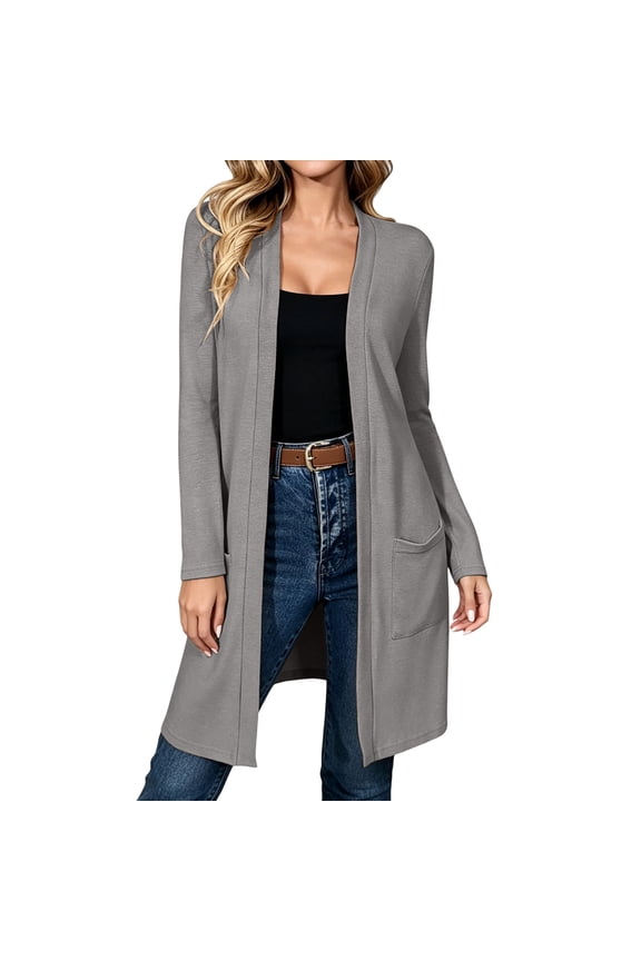 Women Solid Long Sleeve Open Front Cardigan, Casual Loose Mid Length Duster Jacket With Side Pockets Lightweight Everyday Layering Outerwear