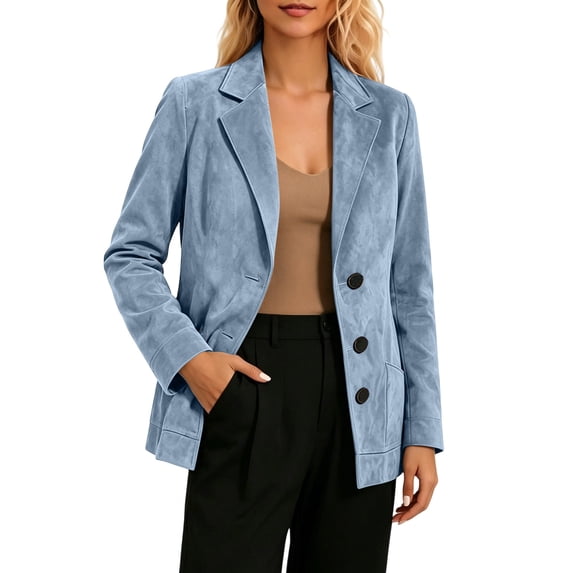 Turilly Women Solid Suede Notched Lapel Open Front Blazer Jacket, Long Sleeve Business Work Casual Suit Coat with Functional Side Pockets for Office Daily Wear