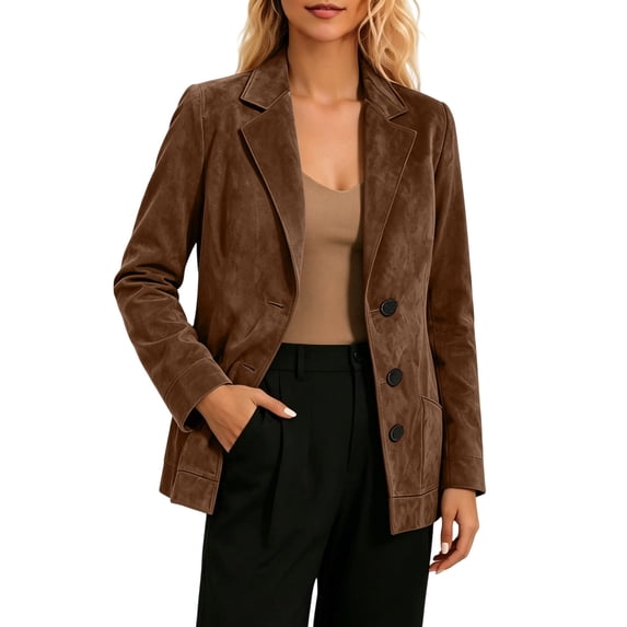 Turilly Women Solid Suede Notched Lapel Open Front Blazer Jacket, Long Sleeve Business Work Casual Suit Coat with Functional Side Pockets for Office Daily Wear