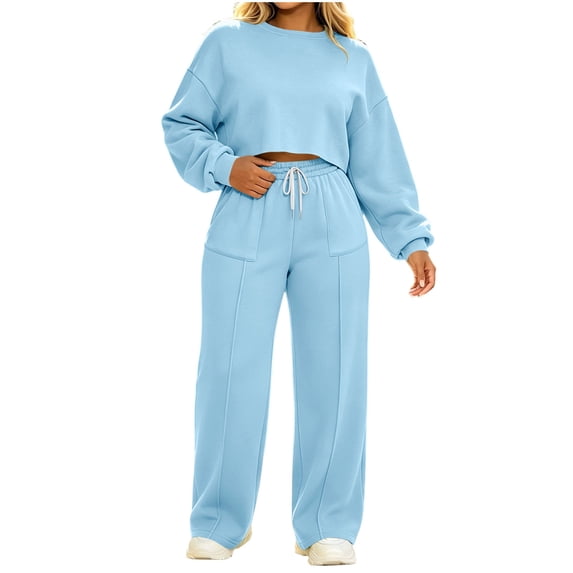 Turilly Women's 2 Piece Solid Color Crewneck Sweatsuit Set, Long Sleeve Crop Top & Relaxed Fit Wide Leg Sweatpants with Drawstring Pockets