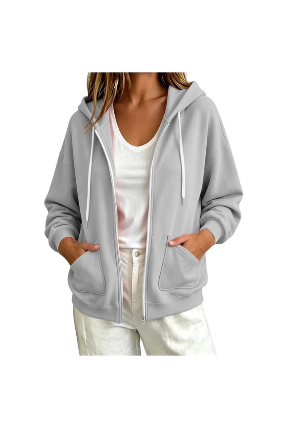 Women's Athletic Zip-Up Hoodie Jacket with Kangaroo Pockets - Loose Fit Long Sleeve Drawstring Hooded Coat, Trendy Casual Outerwear