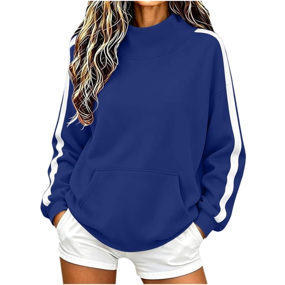 Turilly Women's Autumn Winter Loose Mock Neck Sweatshirt, Color Block Side Stripe Long Sleeve Pullover with Front Pocket, Casual Soft Sports Fashion Top for Daily Outdoor Wear