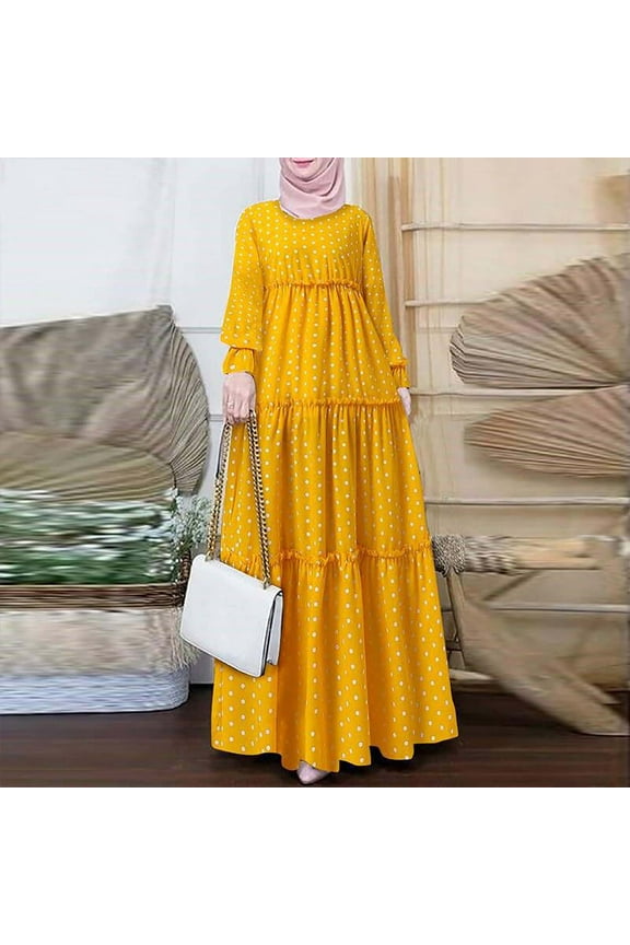 Women's Bohemian Printed Muslim Dress Casual Elegant Gown Holiday Party Ruffle Gown