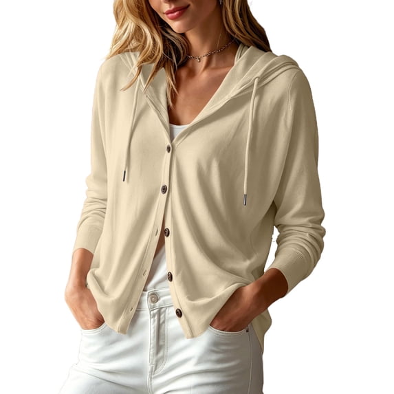 Turilly Women's Button Front Hooded Sweatshirt, Solid Long Sleeve Loose Casual Hoodie Cardigan with Adjustable Drawstring Hood Fashion Daily Top