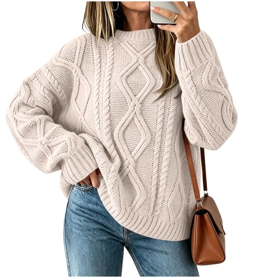 Turilly Women's Cable Knit Pullover Sweaters Long Sleeve Loose Fit Solid Crew Neck Top Fall Winter Clothing