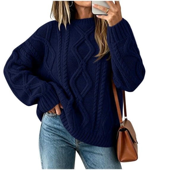 Turilly Women's Cable Knit Pullover Sweaters Long Sleeve Loose Fit Solid Crew Neck Top Fall Winter Clothing