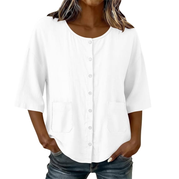 Turilly Women's Casual Cotton Linen 3/4 Sleeve Button Up T-Shirts Solid Color Loose Fit Open Front Top with Pockets