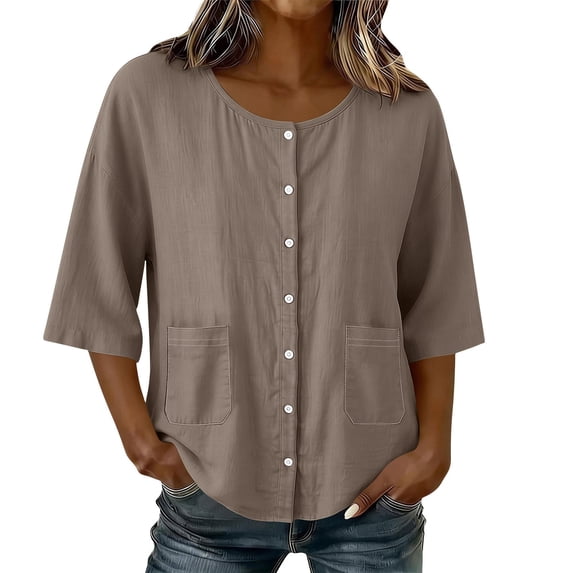 Turilly Women's Casual Cotton Linen 3/4 Sleeve Button Up T-Shirts Solid Color Loose Fit Open Front Top with Pockets