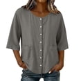 thumbnail image 1 of Turilly Women's Casual Cotton Linen 3/4 Sleeve Button Up T-Shirts Solid Color Loose Fit Open Front Top with Pockets, 1 of 6