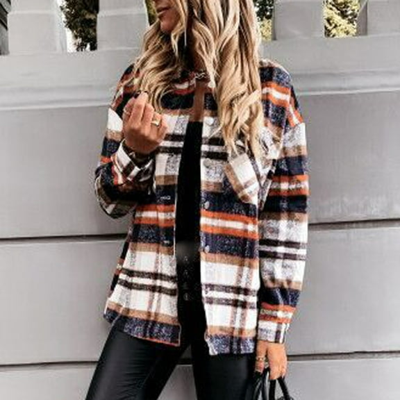 Turilly Women's Casual Fashion Woolen Plaid Shirt Pocket Long Sleeve Jacket