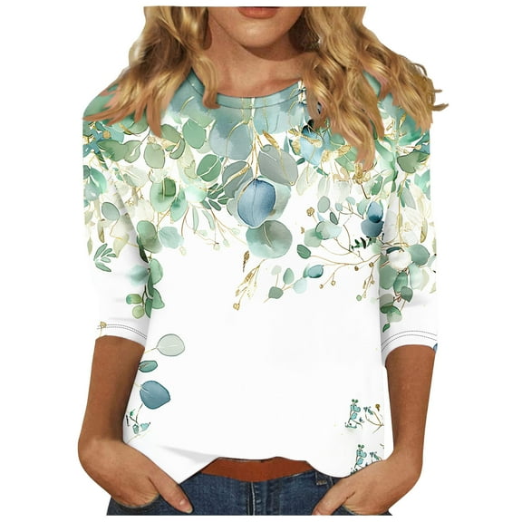 Turilly Women's Casual Floral Print Crewneck T-Shirt Summer 3/4 Sleeve Loose Top for Women